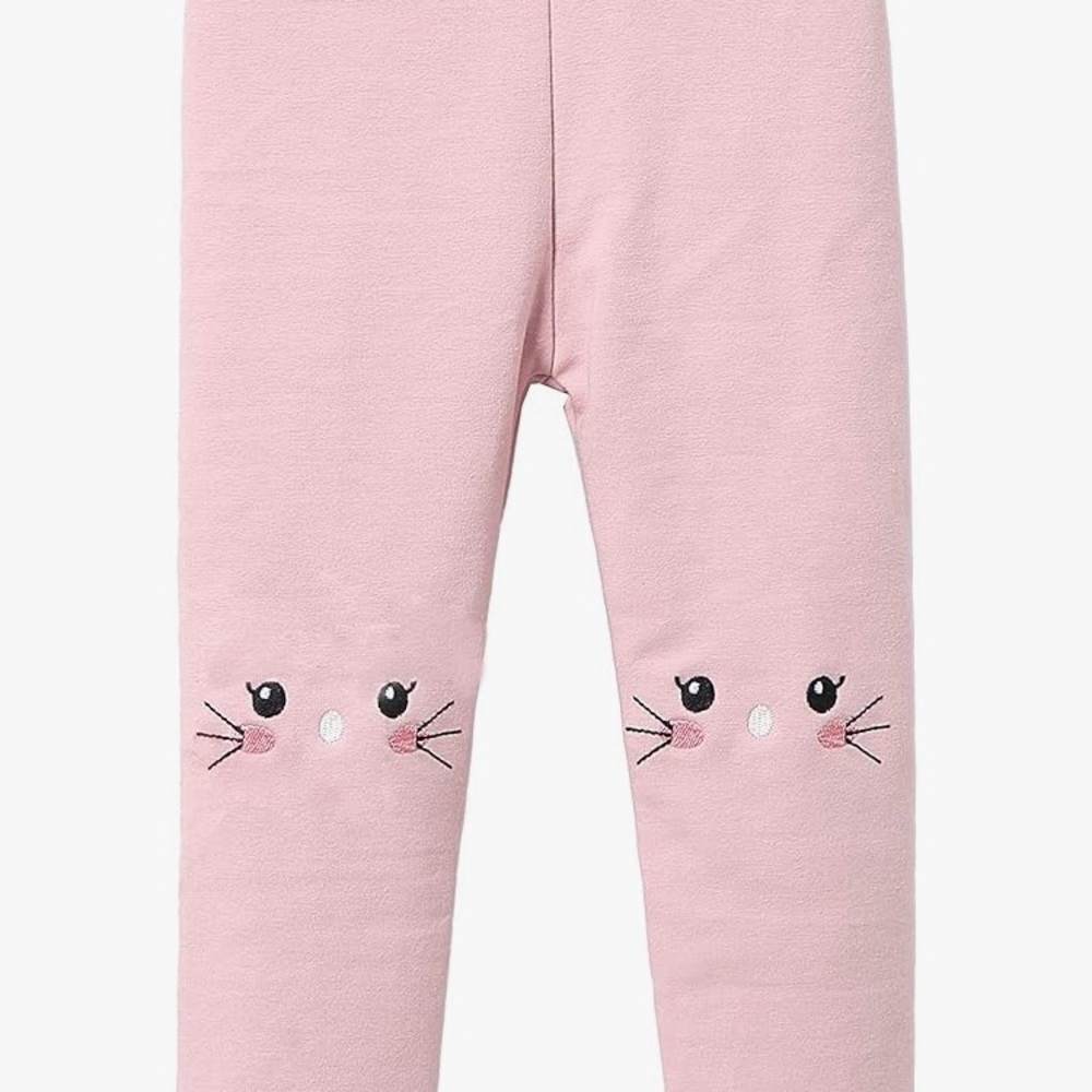 Cute Pink Fleeced Leggings with Cat Face Design